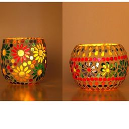 Somil Vibrant Multicolor Glass Candle Holder Add A Touch Of Magic To Diwali, Parties & Candlelight Dinners, Size-8.5 X 8.5 X 9 Cm , 11 X 11 X 8 Cm Pack OF 2-picture-33