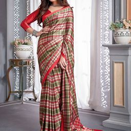 Mitera Checked Poly Crepe Block Print Saree-1