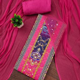 MANVAA Ethnic Motifs Printed Mirror Work Unstitched Dress Material-picture-14
