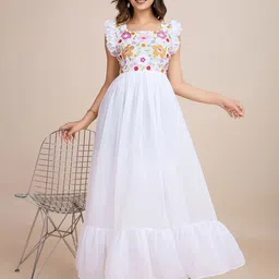 AKSHARAM Floral Embroidered Georgette Fit & Flare Maxi Dress-image-43