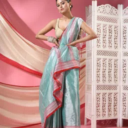 TANTLOOM Woven Design Border Tissue Saree with Blouse Piece-image-59