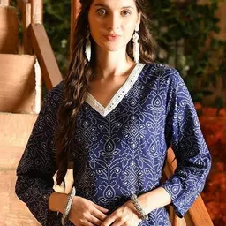KJFAB Women Bandhani Blue Printed Regular Pure Cotton Kurta with Patiala-image-91