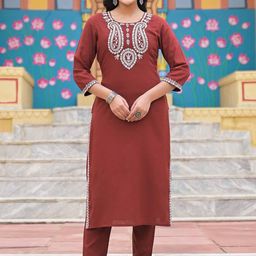 SHIFORY Ethnic Motifs Yoke Design Round Neck Embroidered Straight Kurta With Trousers-image-30