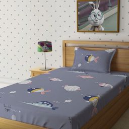 Myntra Elegant Homes Grey & White Cartoon Characters 300 TC Single Bedsheet with 1 Pillow Covers-picture-43