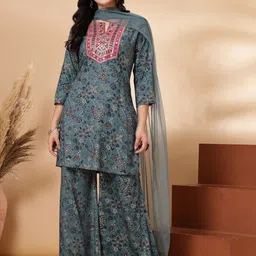 Nayam By Lakshita Floral Printed Mirror Work Straight Kurta With Palazzo & Dupatta-13