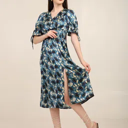 7OUNCE Floral Print Puff Sleeve Fit & Flare Midi Dress-image-89