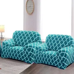 GIFTS ISLAND Teal & White Checked Polyester 3 Piece Sofa Cover With Arms-image-96
