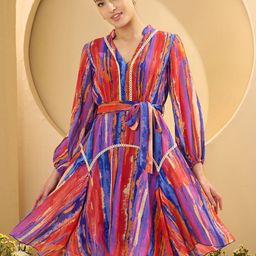Antheaa Women Striped Chiffon Fit & Flare Dress-image-27