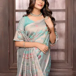 KALINI Light Blue Linen Blend Floral Design Saree with Blouse Piece-picture-3