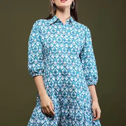 DressBerry Ethnic Motifs Print Puff Sleeves Cotton A-Line Dress-picture-30
