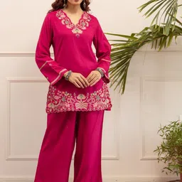 AUTUMN LANE Stravi Flamingo Embroidery V-Neck Pure Cotton Tunic With Trousers Co-Ords-picture-34