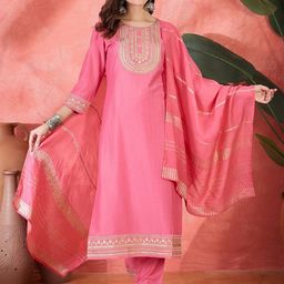 Sangria Women Ethnic Motifs Embroidered Kurta with Trousers & Dupatta-image-36