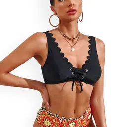 Plus Curvves Tribal Printed Scalloped Lace-Up High Waist Swim Bikini Set-image-89