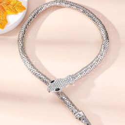 KRENOZ Cubic Zirconia & Rhinestone Studded Snake-Design Choker Necklace-1