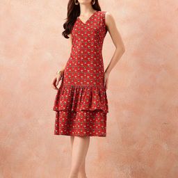SIDDHANAM Women Floral Printed V-Neck Drop-Waist Midi Cotton Dress-image-13