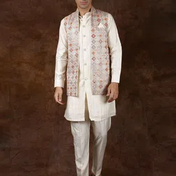 Exotic India Men Polycotton Three Piece Kurta Pajama Set with Waistcoat & Meenakari-picture-43