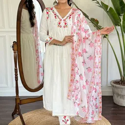 NIZA FASHION Floral Embroidered V Neck A Line Kurta With Trousers & Dupatta-picture-43