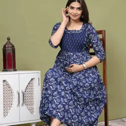mad fury Women Floral Printed CottonMaternity Fit and Flare Midi Dress-image-86