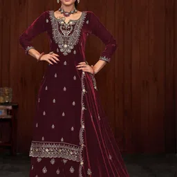 ODETTE Floral Embroidered Sequinned Velvet Semi-Stitched Dress Material-image-93
