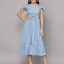 BAESD Floral Printed V-Neck Flutter Sleeves Empire Midi Dress-image-42
