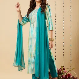 DIVASTRI Abstract Printed Sequinned Straight Kurta With Trousers And Dupatta image 3