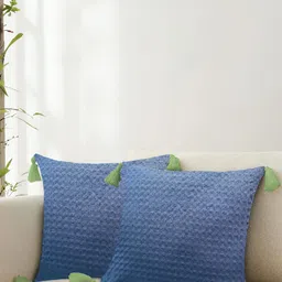 URBAN SPACE Navy Blue & Green 2 Pieces Checked Square Cushion Covers-58