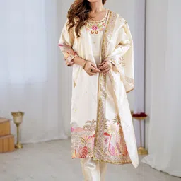 KALINI Floral Printed Thread Work Straght Kurta With Trousers & Dupatta-picture-5