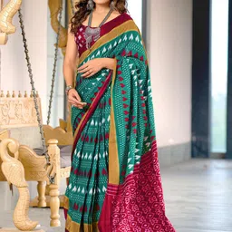 PEENGAX Hand Block Printed Pure Cotton Ikkat Saree-17