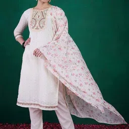 THE52 Women Floral Embroidered Yoke Design Pure Cotton Schiffli Kurta Set & Dupatta-37