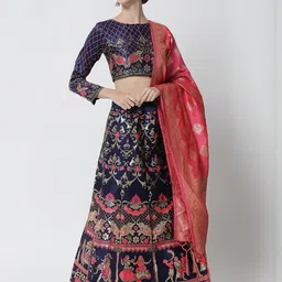 Mr Y Women Navy Blue & Pink Banarasi Silk Semi-Stitched Lehenga & Blouse With Dupatta-picture-55