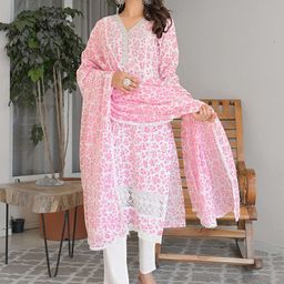 Anouk Floral Printed V-Neck Pure Cotton Kurta With Trousers & Dupatta-picture-22