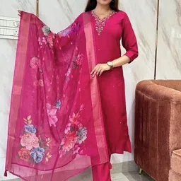 Navlik Floral Embroidered V-Neck Chanderi Silk Straight Kurta With Trousers & Dupatta-image-43