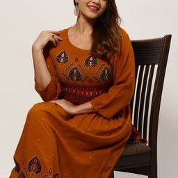 SHOWOFF Plus Ethnic Motifs Printed Mirror Work Pleated Kurta-image-24