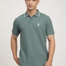 R&B Men Self Design Polo Collar Cotton T-shirt-image-4