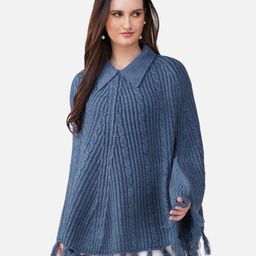 JoE Hazel Self Design Shirt Collar Longline Poncho-image-25