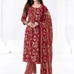 Larqi Floral Printed Round Neck Patchwork Pure Cotton Kurta With Trousers & Dupatta-picture-15