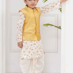 Sethukrishna Boys Geometric Printed Band Collar Kurta With Churidar & Nehru Jacket image 2