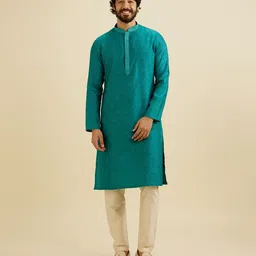 Manyavar Embroidered Mandarin Collar Straight Kurta with Pyjamas-picture-18