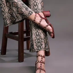 Saint G Women Red Studded Leather Block Heels-14