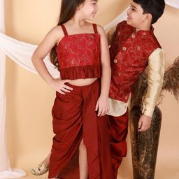 VASTRAMAY Girls Maroon & Gold-Toned Embroidered Sequinned Ready to Wear Lehenga &-42