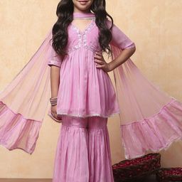 Biba Girls Floral Yoke Design Sequinned Empire A-Line Kurti with Sharara & With Dupatta-image-98