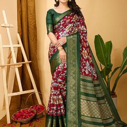 KAYOMMI Floral Printed Zari Banarasi Saree-image-91