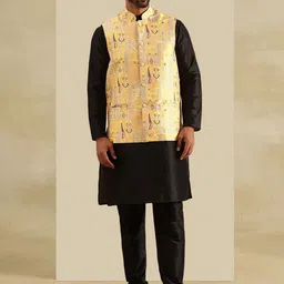 SOJANYA Band Collar Dupion Silk Straight Kurta With Pyjama & Nehru Jacket-picture-7