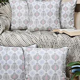 ANWYN White & Grey Set of 5 Ethnic Motifs Square Cushion Covers-4