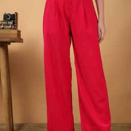 Kotty Women Relaxed Straight Leg Straight Fit High-Rise Easy Wash Corduroy Pleated Trousers-picture-15