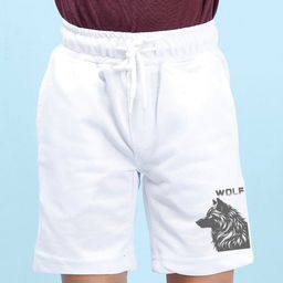 NUSYL Boys White Wolf Placement Printed Cotton Shorts-26