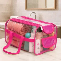 Kuber Industries Pink & Transparent Waterproof Small Travel Toiletry Bag-58