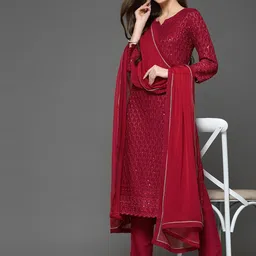 SANISA Floral Embroidered Notch Neck Sequinned Straight Kurta With Trouser And Dupatta-30