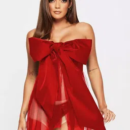 VAGHBHATT Net Strapless Front Bow Tie-Up Cup Laced Net Baby Doll-image-17