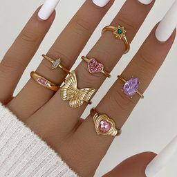 Shining Diva Fashion Women Set Of 7 Gold-Plated Crystals-Studded Rings-image-88
